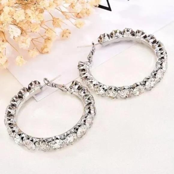 NEW Luxury Hoop Micro Paved Shiny Diamond Earrings - Picture 3 of 5